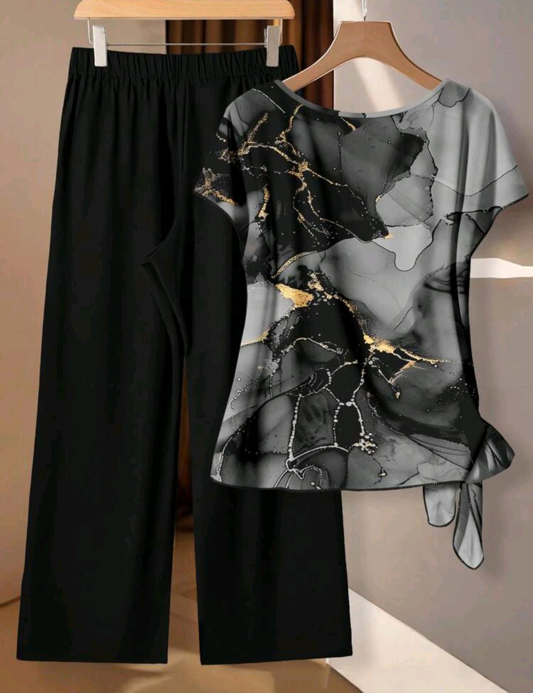 Conjunto de 2 piezas de blusa de mujer con estilo minimalista casual en negro y gris con patrón floral abstracto de falso foil y lazo, y pantalones rectos sueltos, adecuado para otoño/invierno, estilo vintage.
