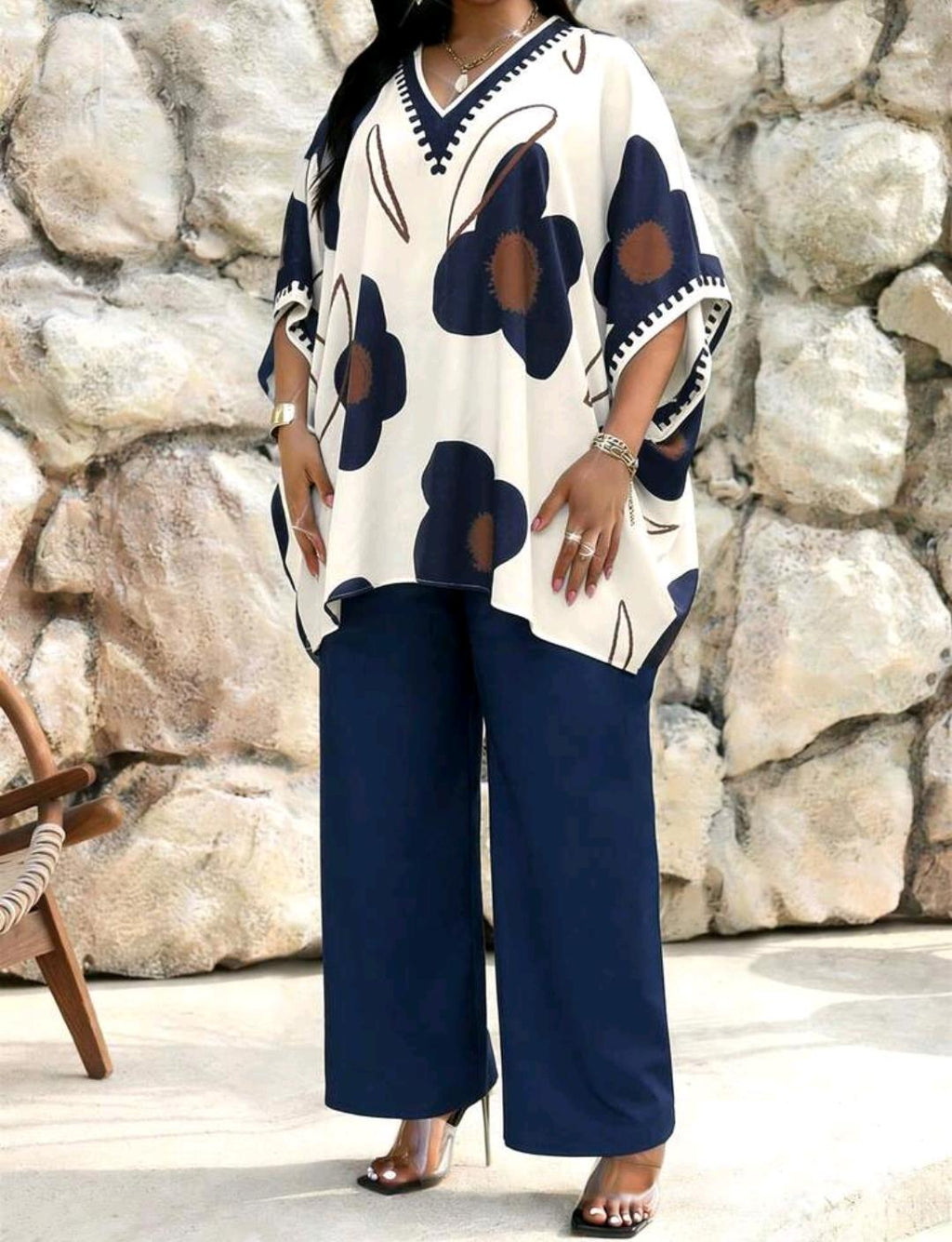 SHEIN Lady Conjunto de 2 piezas de talla grande con estampado vintage, suelto y elegante. Conjunto de 2 piezas de verano estilo bohemio modesto.