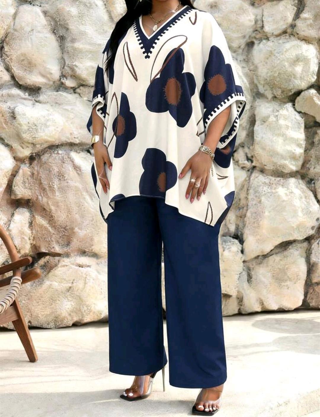 SHEIN Lady Conjunto de 2 piezas de talla grande con estampado vintage, suelto y elegante. Conjunto de 2 piezas de verano estilo bohemio modesto.