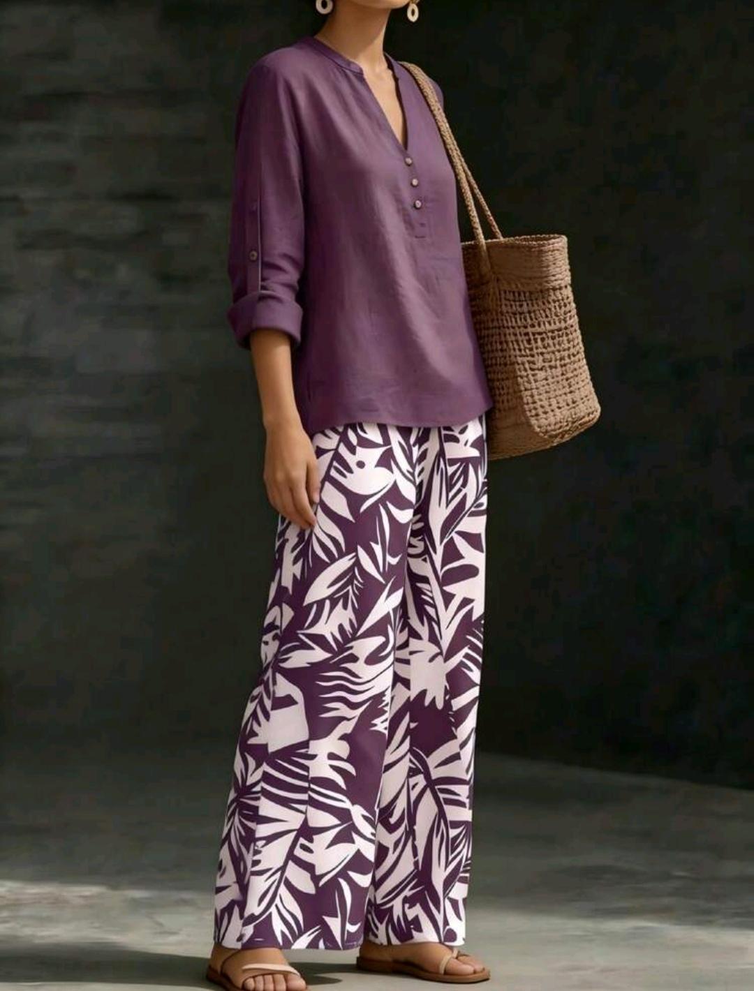 Conjunto ciruela con pantalón palazzo estampado