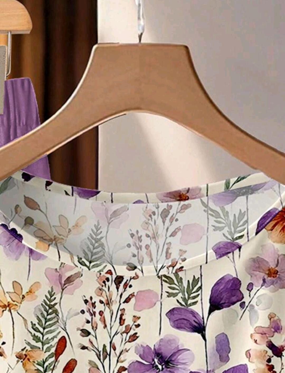 2 piezas Conjunto de camisa y pantalones casuales bohemios con estampado floral para mujer - elegante conjunto romántico retro para primavera/verano, perfecto para vacaciones, boda en una lugar tropical.