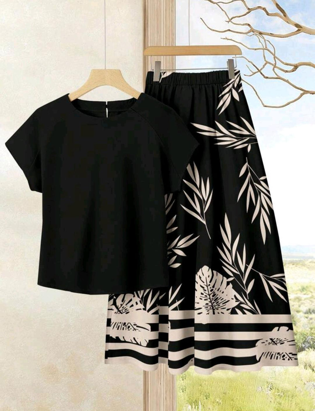2 piezas conjunto de blusa casual de unicolor + falda estampada para vacaciones de verano.