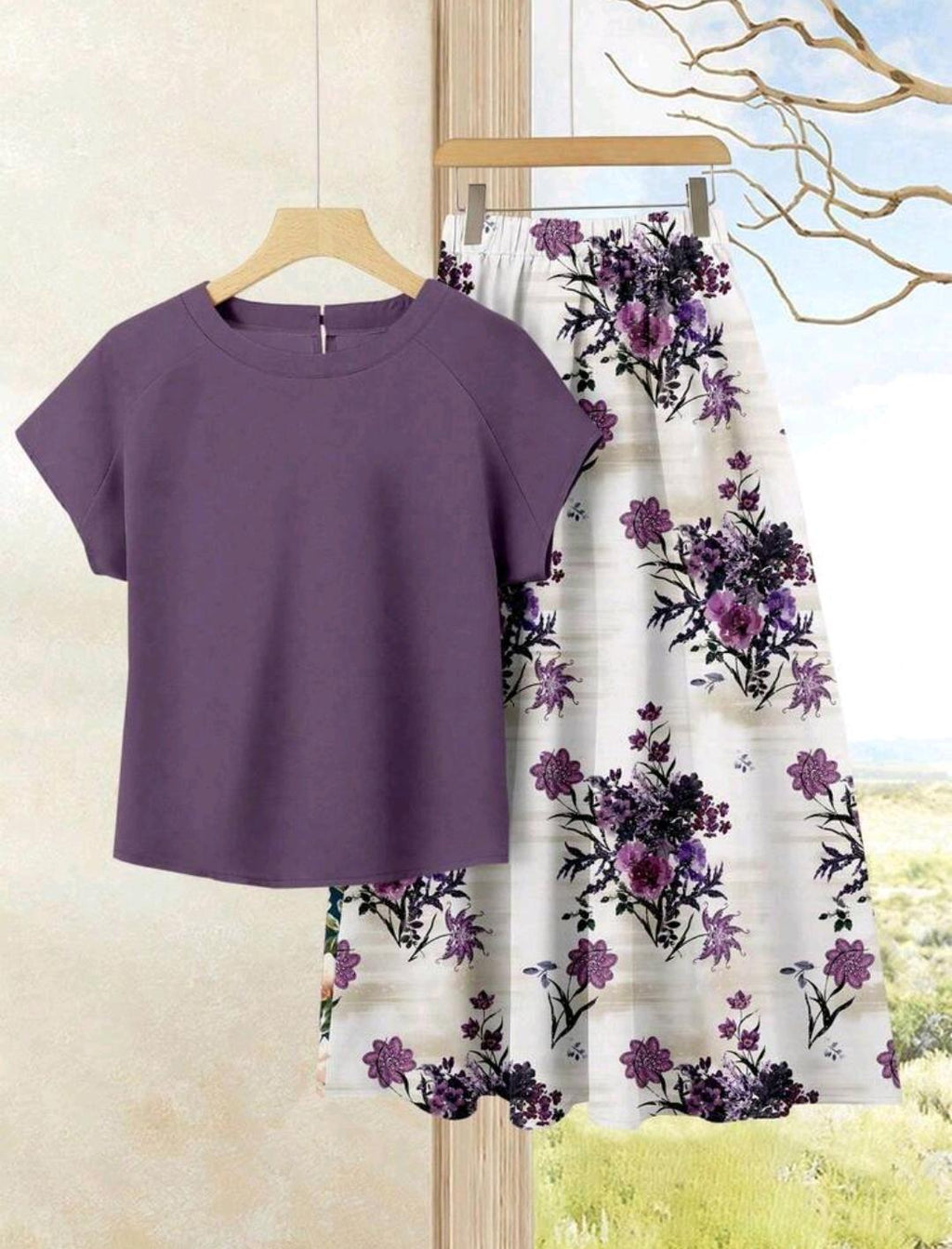 Rusticease 2 piezas/Set Conjunto de mujer con top de unicolor y falda estampada floral púrpura para vacaciones estilo casual.