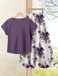 Rusticease 2 piezas/Set Conjunto de mujer con top de unicolor y falda estampada floral púrpura para vacaciones estilo casual.