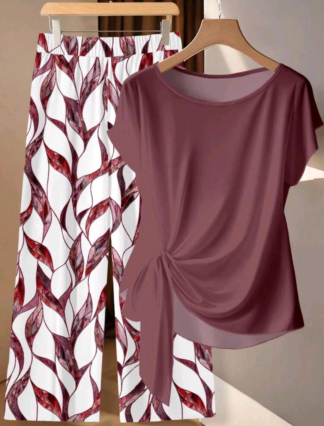 2 piezas Conjunto de camisa con corbata de moño rojo ciruela y pantalones rectos sueltos con estampado geométrico, adecuado para primavera y verano