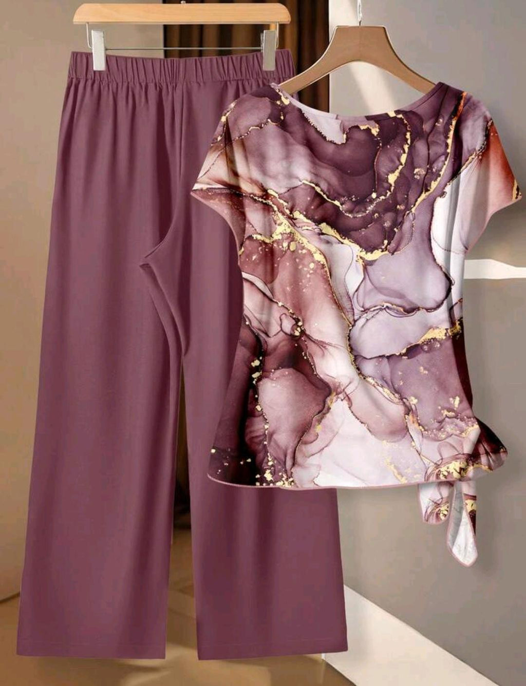 Conjunto Ámbar de blusa estampada y pantalón de pierna ancha | Bajo pedido