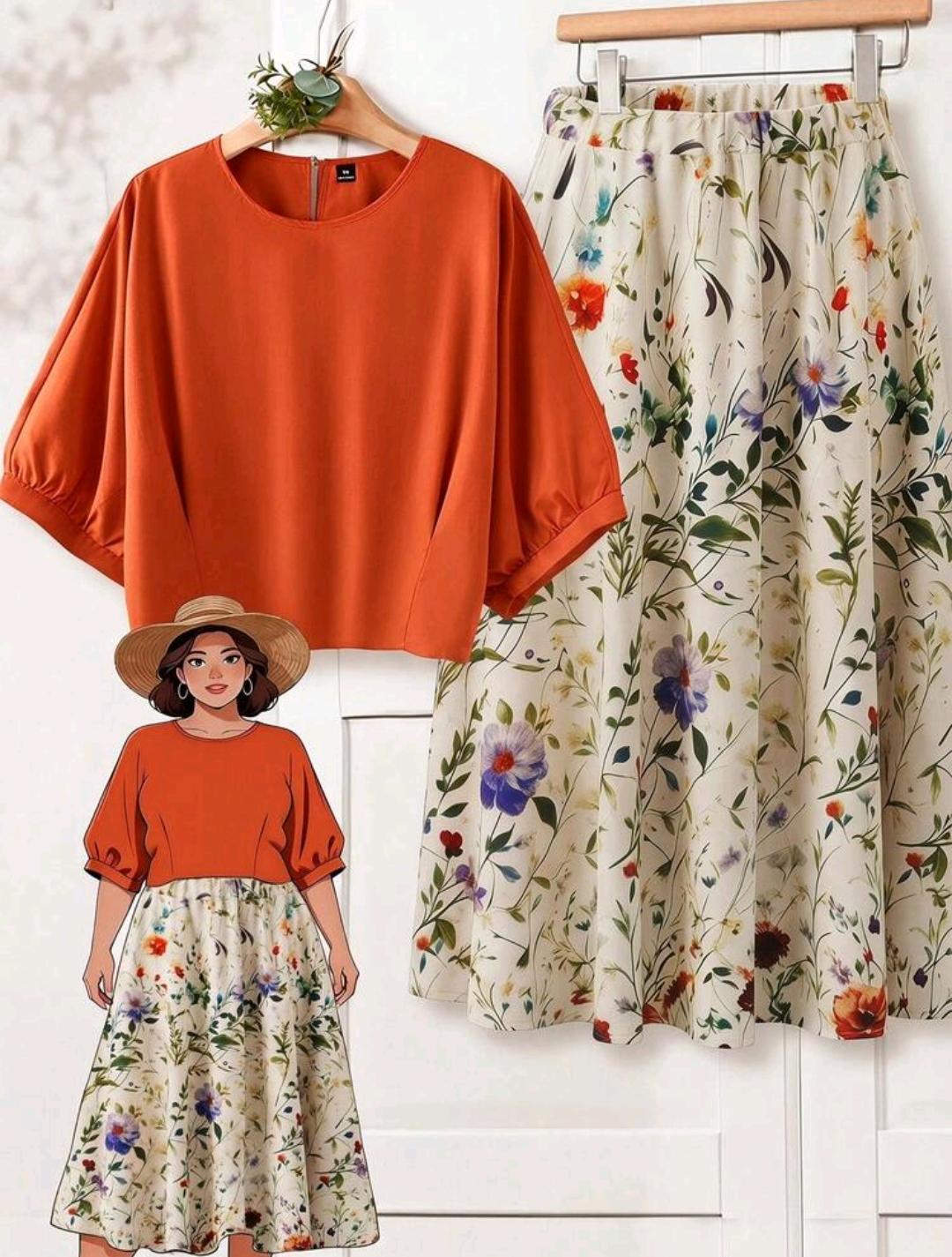 EMERY ROSE Conjunto de 2 piezas talla grande para mujer: Blusa de manga murciélago de unicolor y falda con estampado floral.
