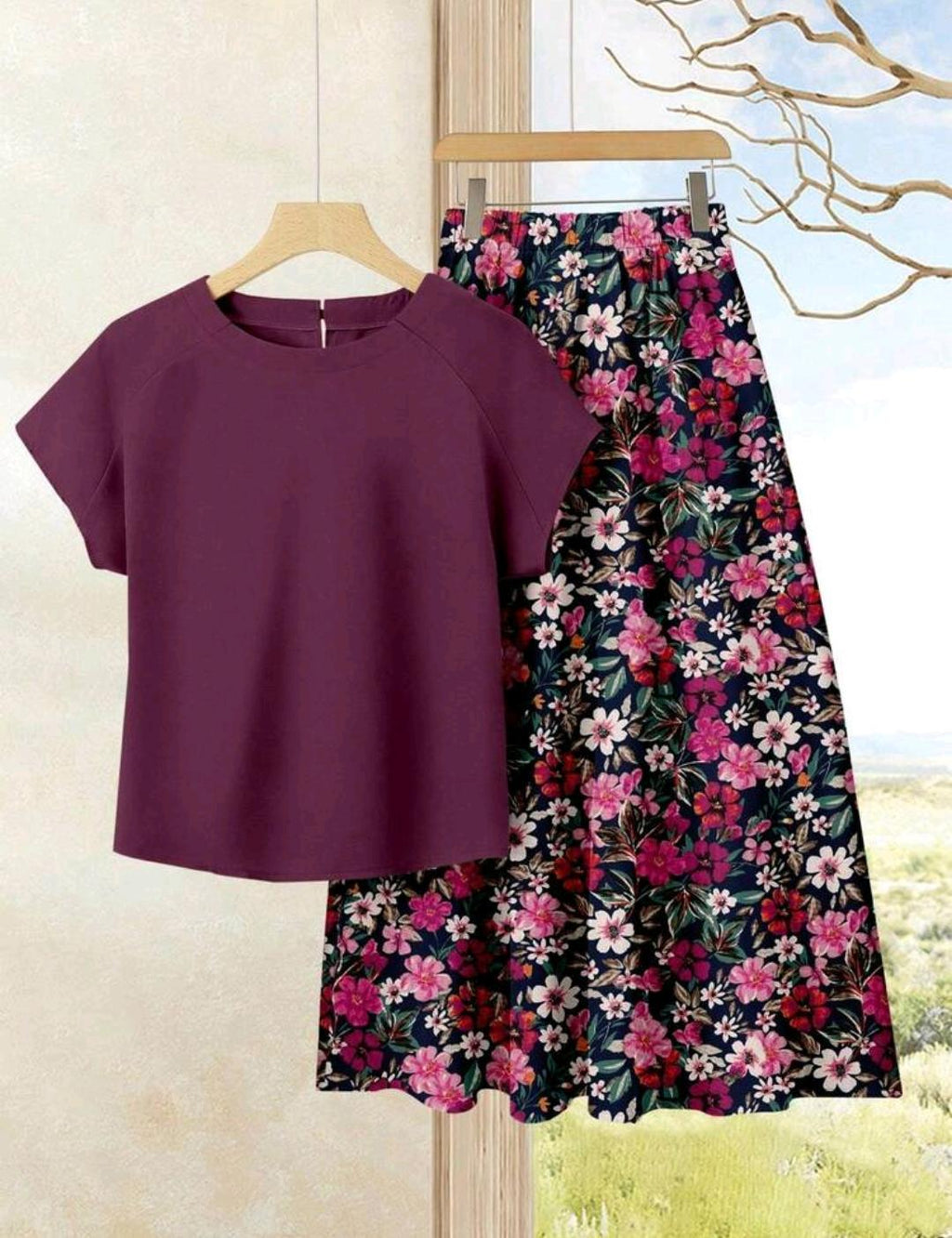 Conjunto de 2 piezas de falda con estampado floral y blusa unicolor
