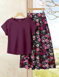 Conjunto de 2 piezas de falda con estampado floral y blusa unicolor