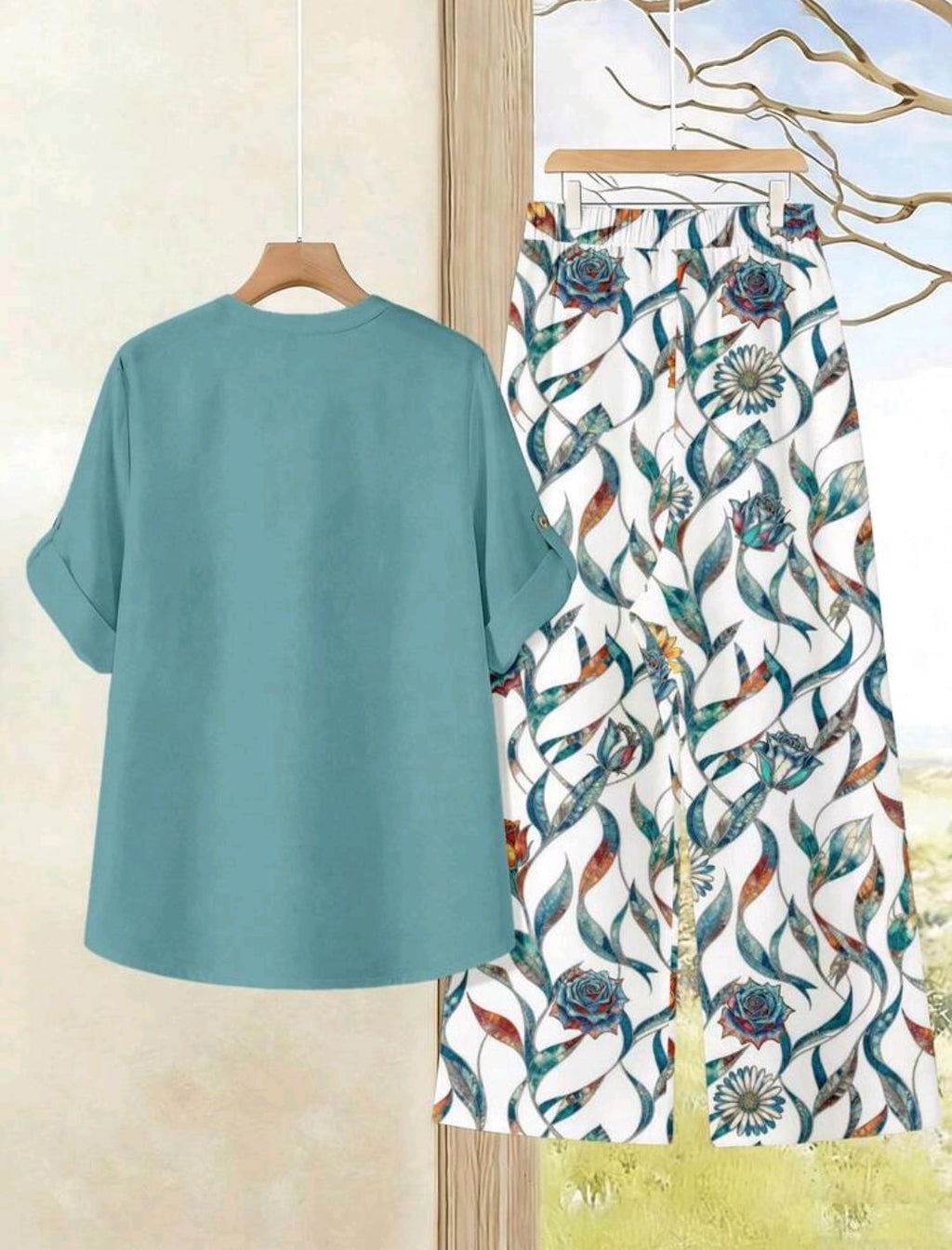 2 piezas, blusa azul-verde combinada con pantalon estampado con un patrón floral geométrico vibrante, adecuado para mujeres de talla grande