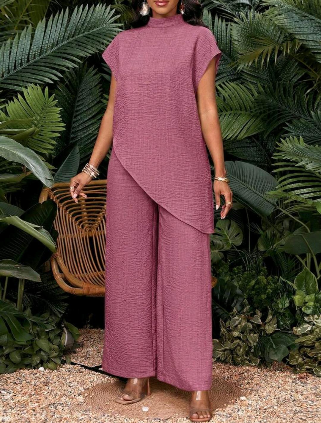 Conjunto de 2 piezas de top y pantalones de unicolor con bajo asimétrico para vacaciones de mujer