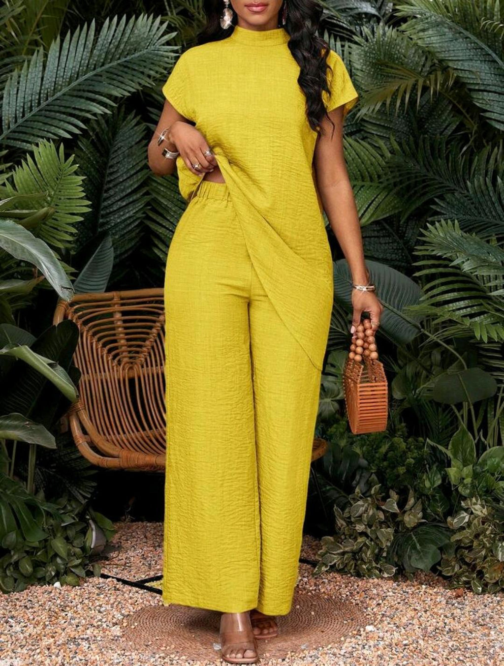 Conjunto de 2 piezas de top y pantalones de unicolor con bajo asimétrico para vacaciones de mujer