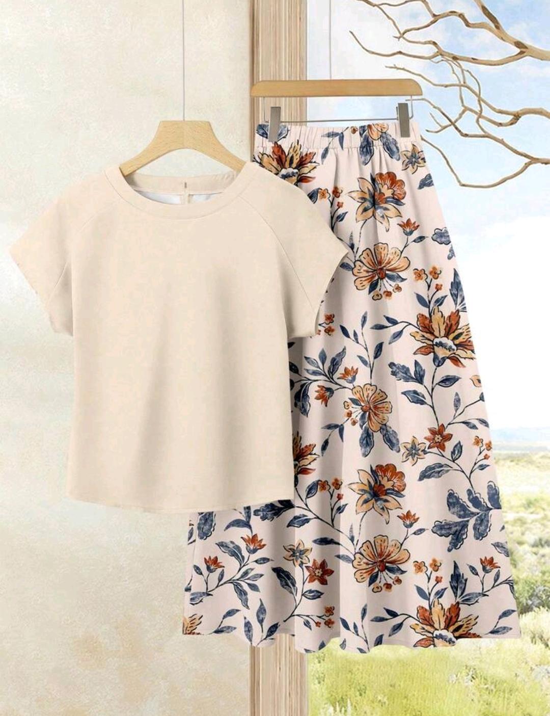 Rusticease Set de 2 piezas de top de color sólido + falda estampada para vacaciones casuales de mujer, conjunto de verano ideal para primavera y verano.