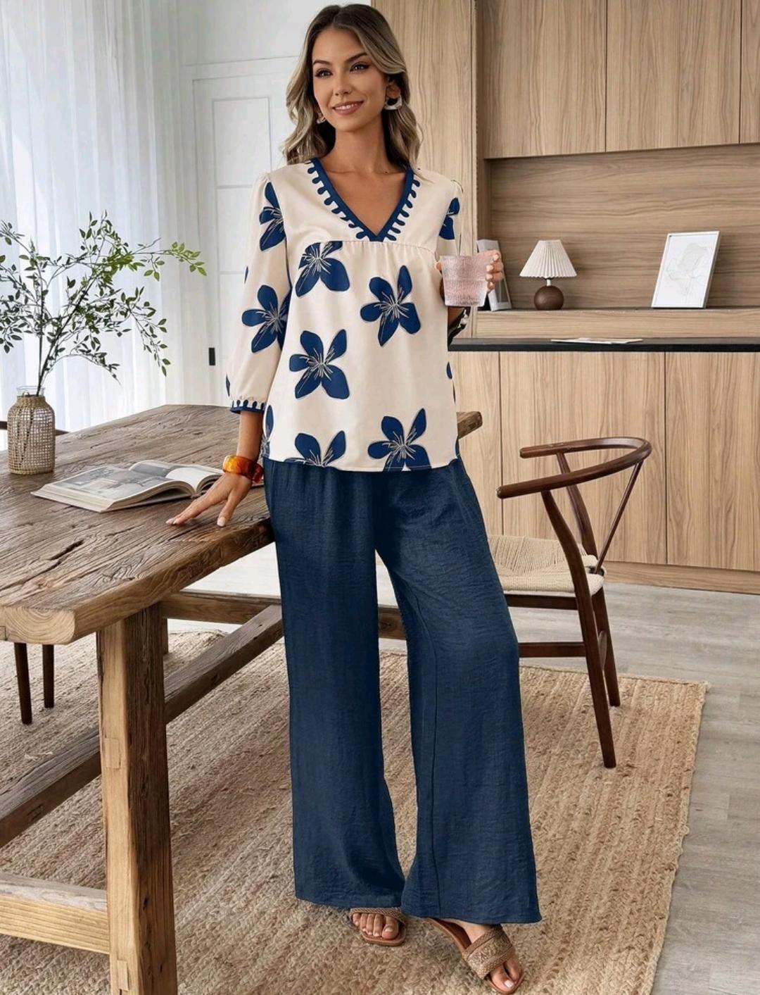 Conjunto de 2 piezas de blusa de manga corta con cuello en V y estampado floral, y pantalones holgados, ropa casual de vacaciones, primavera/verano