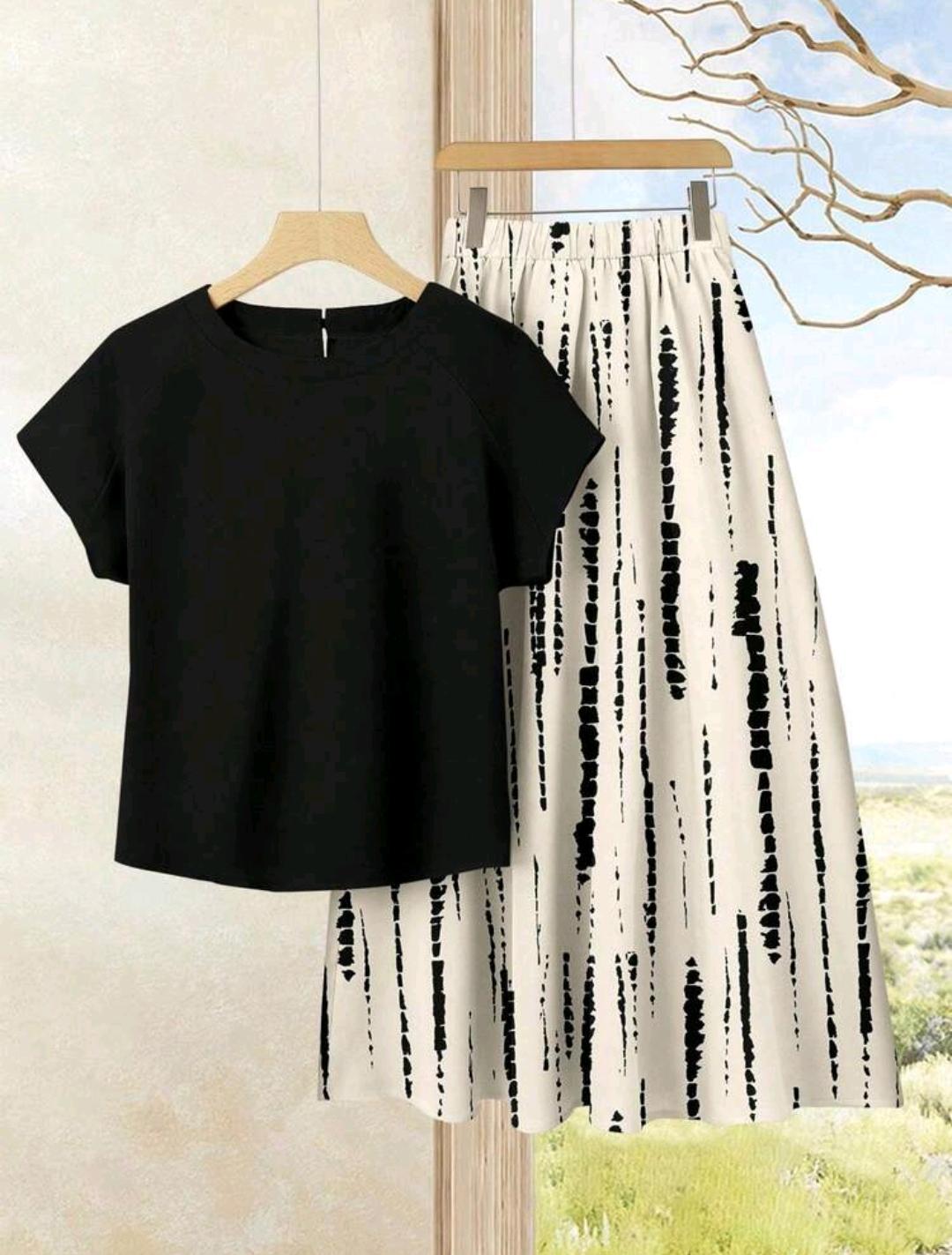 Set de 2 piezas de top sólido negro + falda con estampado de teñido anudado para mujer - Conjunto de falda y top bohemio de verano para playa, crucero, festival de música, boda, viaje a la Ciudad.