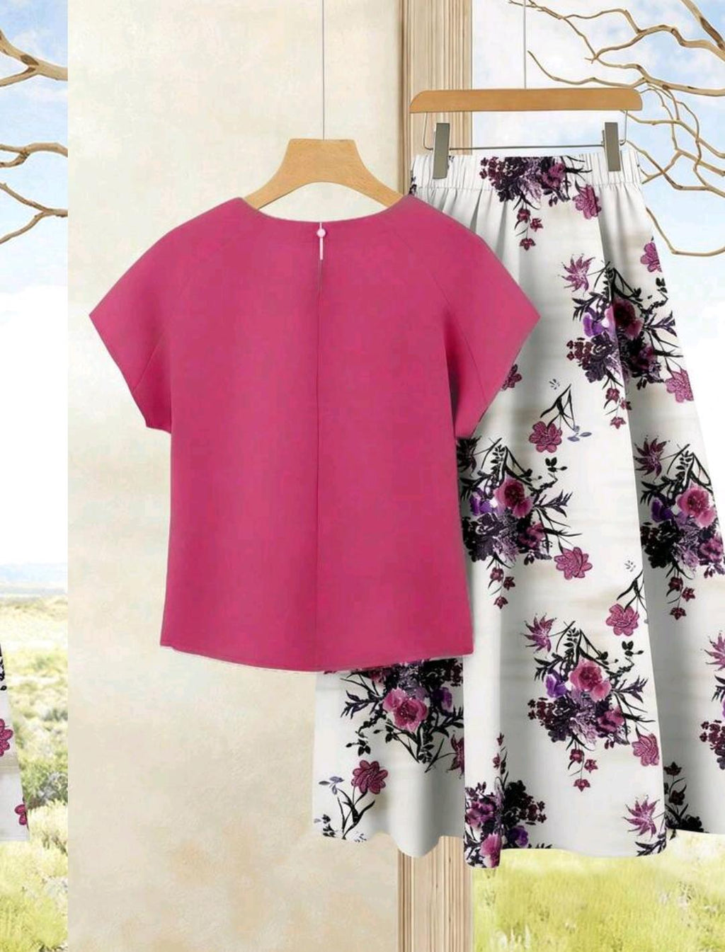 2 piezas Conjunto de top casual de unicolor + falda estampado floral para vacaciones de verano.