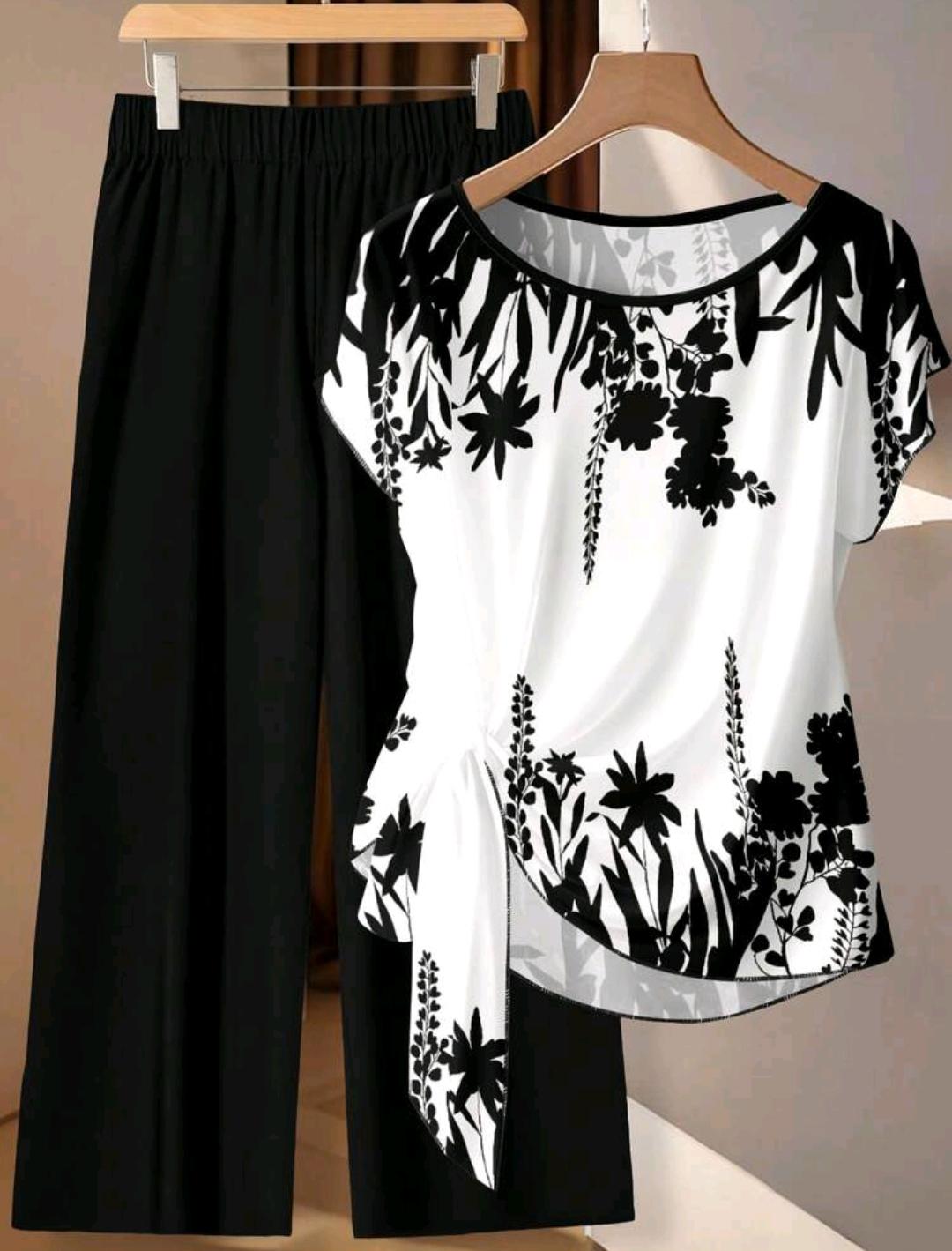 SHEIN Clasi 2 piezas Conjunto de camisa beige elegante y casual minimalista con estampado de silueta botánica en blanco y negro y pantalones sueltos negros. Perfecto para primavera y verano, vacaciones, estilo campestre, día, jardín y caminatas.