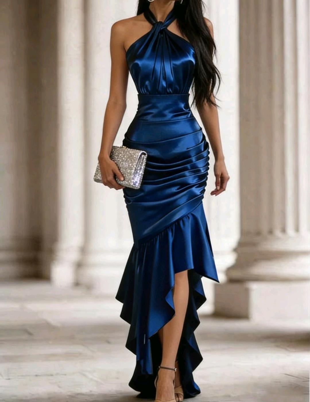 Vestido elegante con cuello halter y volantes | Bajo pedido