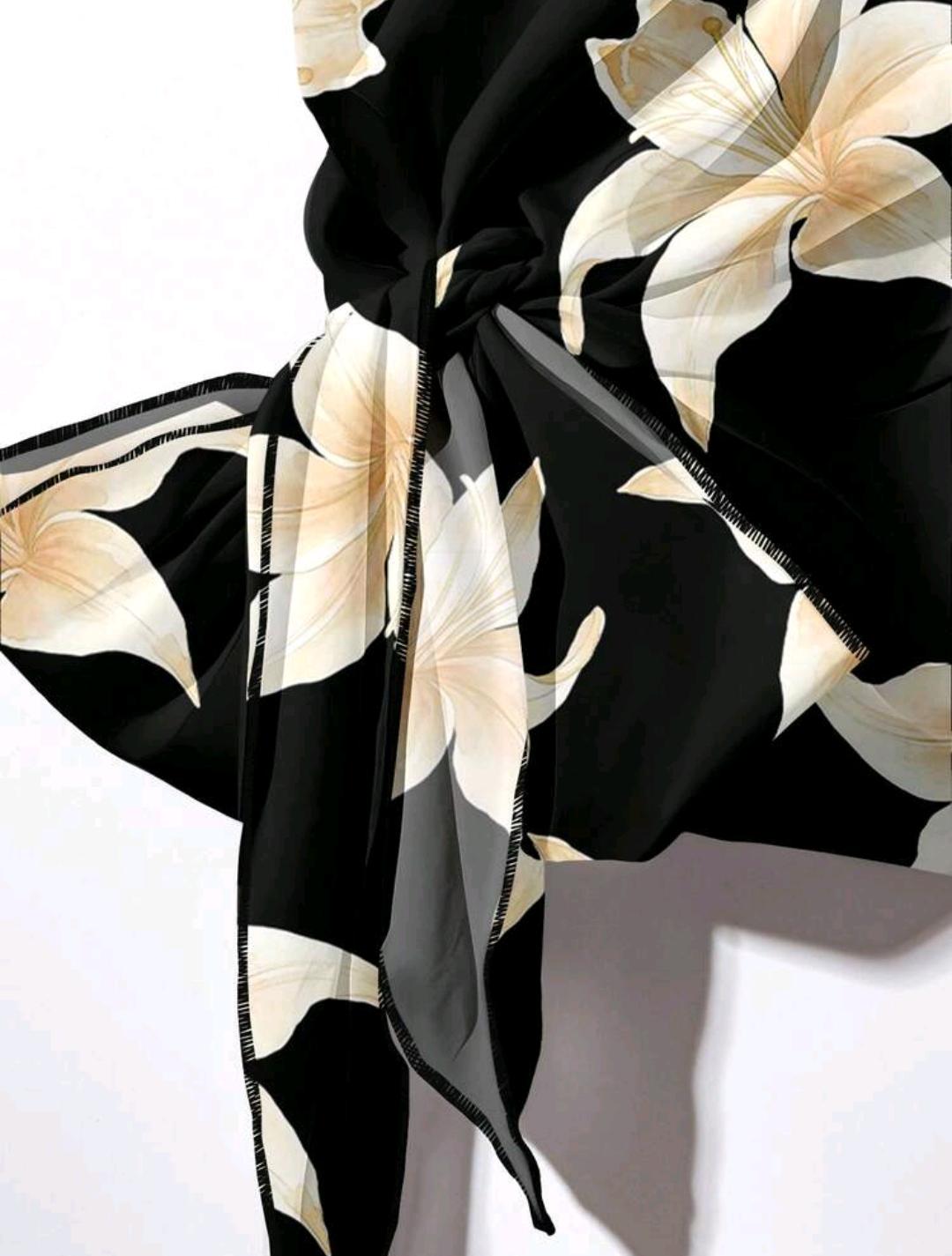 Conjunto de 2 piezas de blusa con estampado de flor de lirio y lazo, y pantalones rectos holgados para mujer