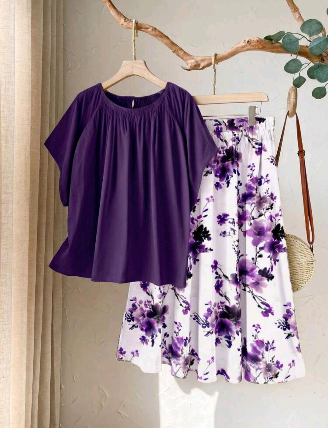 Conjunto de 2 piezas casual romántico con estampado floral púrpura para mujer talla grande, conjunto de 2 piezas púrpura talla grande, atuendo de vacaciones, ropa de verano