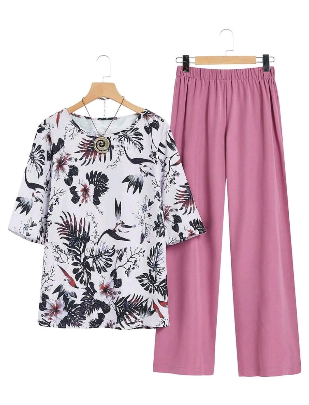 Conjunto de 2 piezas para mujer con blusa de manga corta con estampado floral y pantalón largo de unicolor, para otoño