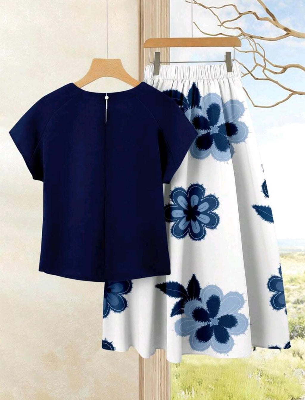 Rusticease Set de 2 piezas Conjunto de blusa casual de unicolor y falda estampada con diseño floral elegante para mujer, ropa de verano.