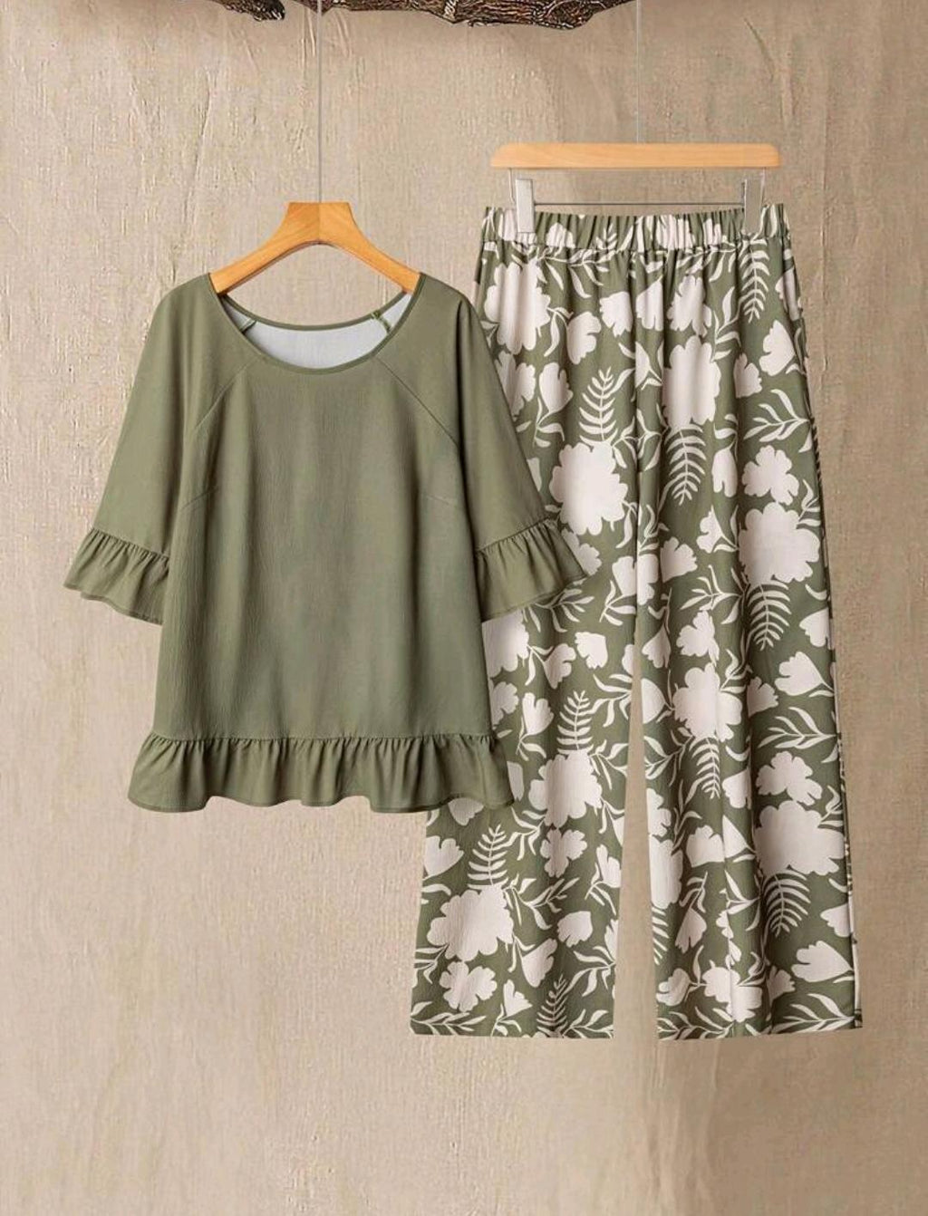 Linhara Conjunto de 2 piezas para mujer talla grande: Camisa con volantes en el dobladillo y pantalones casuales estampados, para primavera/verano
