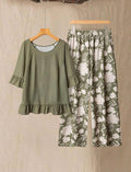 Linhara Conjunto de 2 piezas para mujer talla grande: Camisa con volantes en el dobladillo y pantalones casuales estampados, para primavera/verano