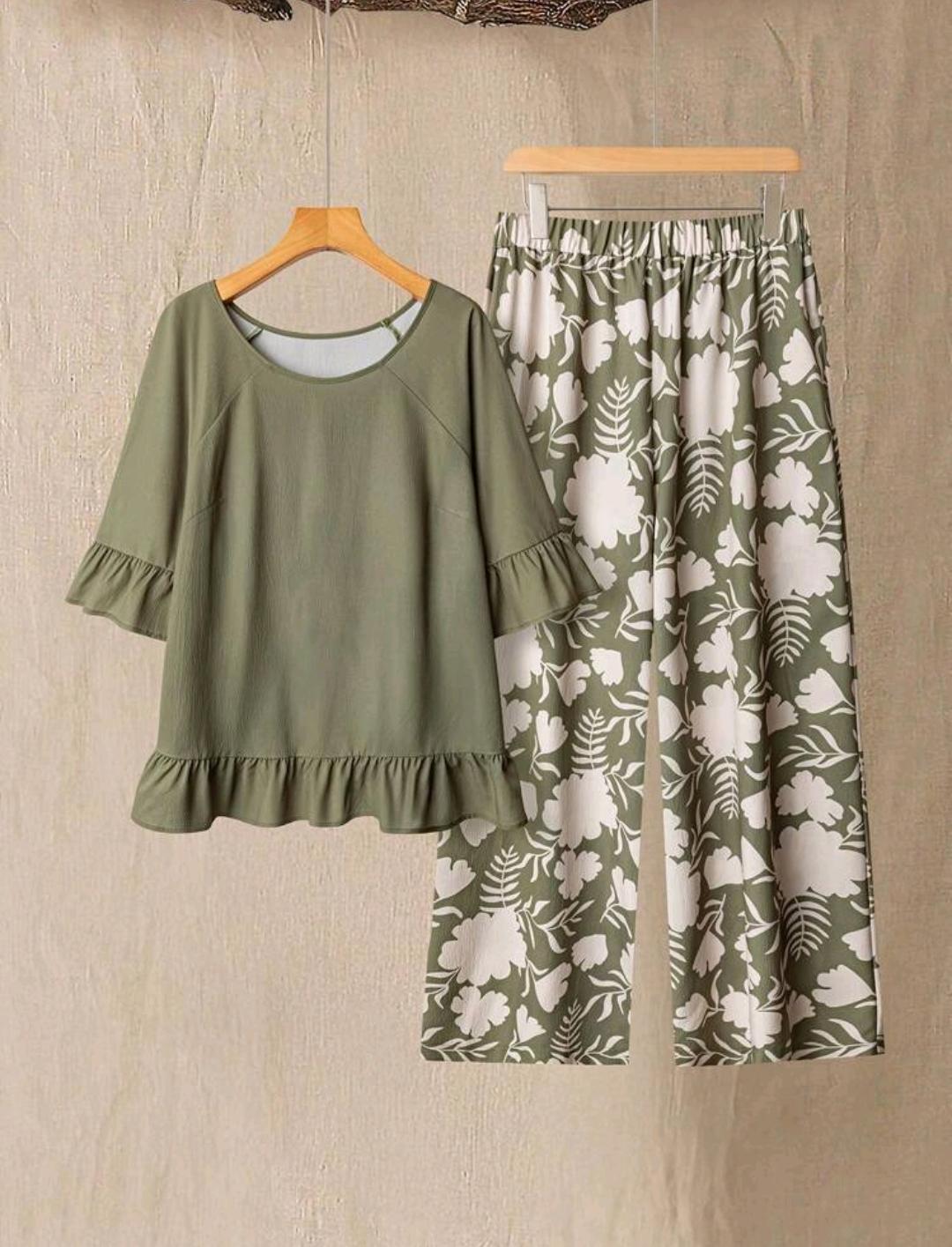 Linhara Conjunto de 2 piezas para mujer talla grande: Camisa con volantes en el dobladillo y pantalones casuales estampados, para primavera/verano