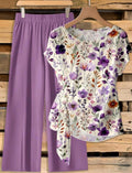 2 piezas Conjunto de camisa y pantalones casuales bohemios con estampado floral para mujer - elegante conjunto romántico retro para primavera/verano, perfecto para vacaciones, boda en una lugar tropical.