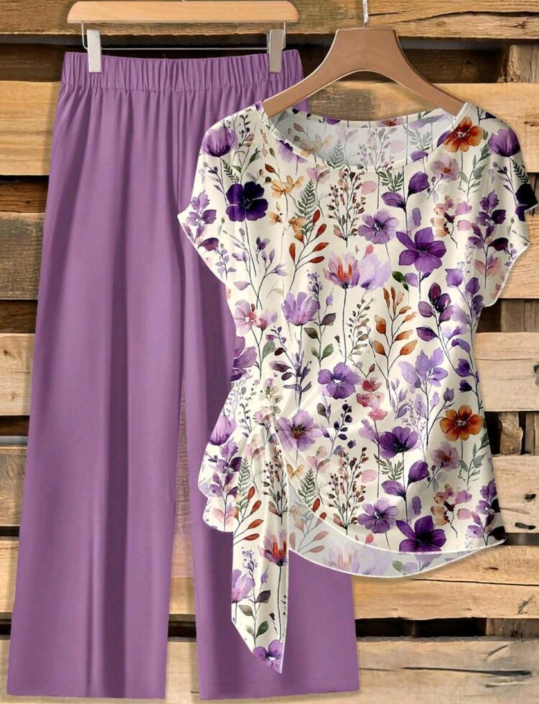 2 piezas Conjunto de camisa y pantalones casuales bohemios con estampado floral para mujer - elegante conjunto romántico retro para primavera/verano, perfecto para vacaciones, boda en una lugar tropical.