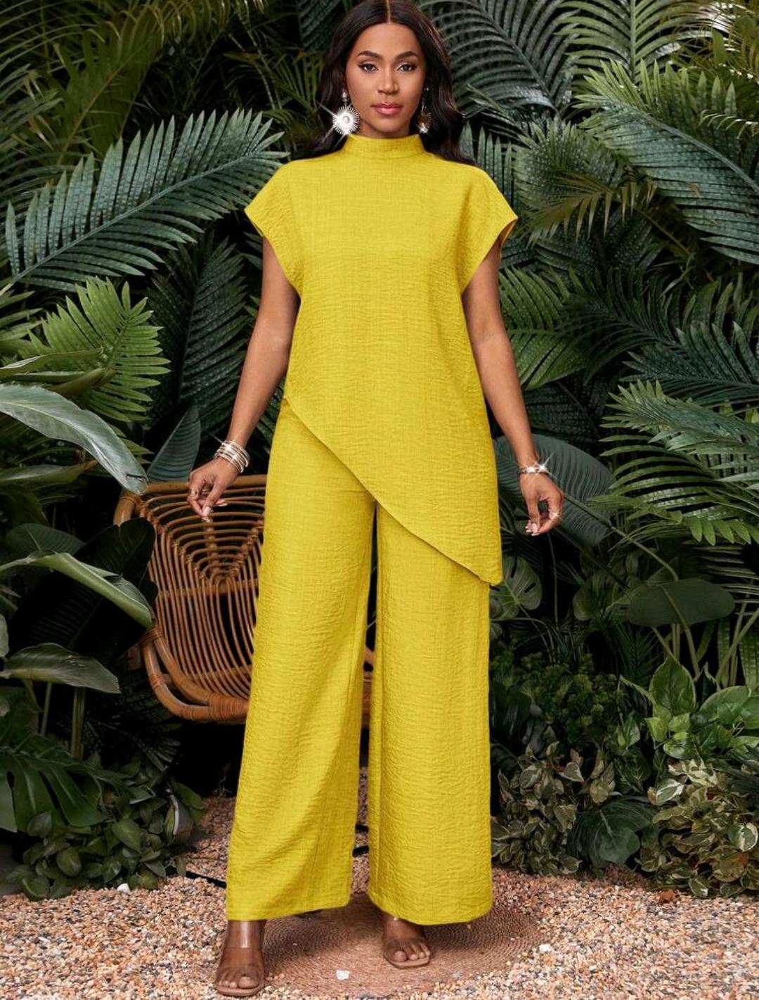 Conjunto de 2 piezas de top y pantalones de unicolor con bajo asimétrico para vacaciones de mujer