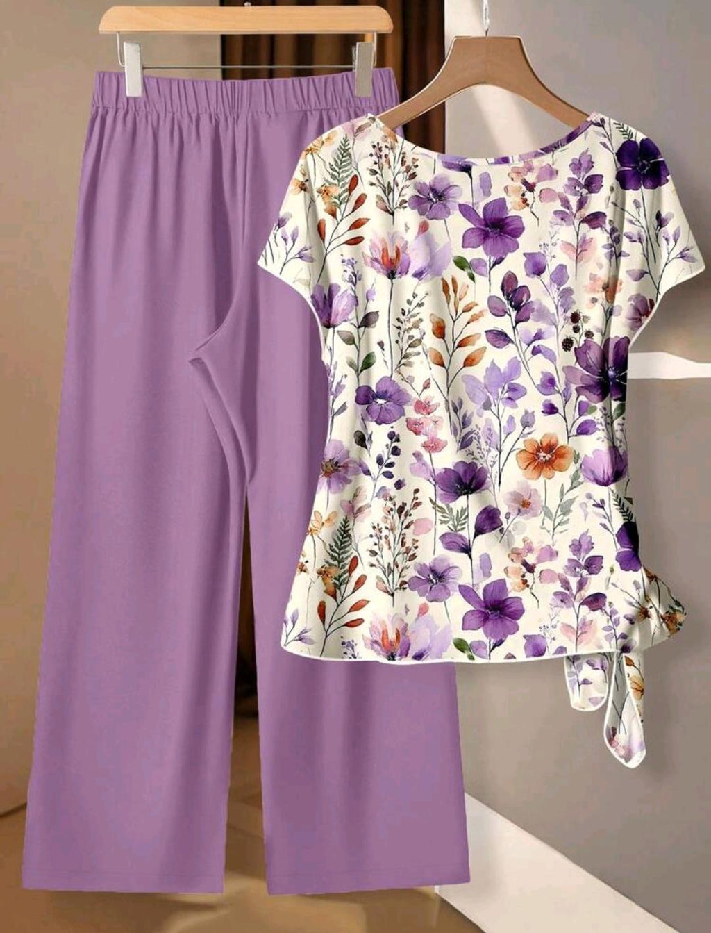 2 piezas Conjunto de camisa y pantalones casuales bohemios con estampado floral para mujer - elegante conjunto romántico retro para primavera/verano, perfecto para vacaciones, boda en una lugar tropical.