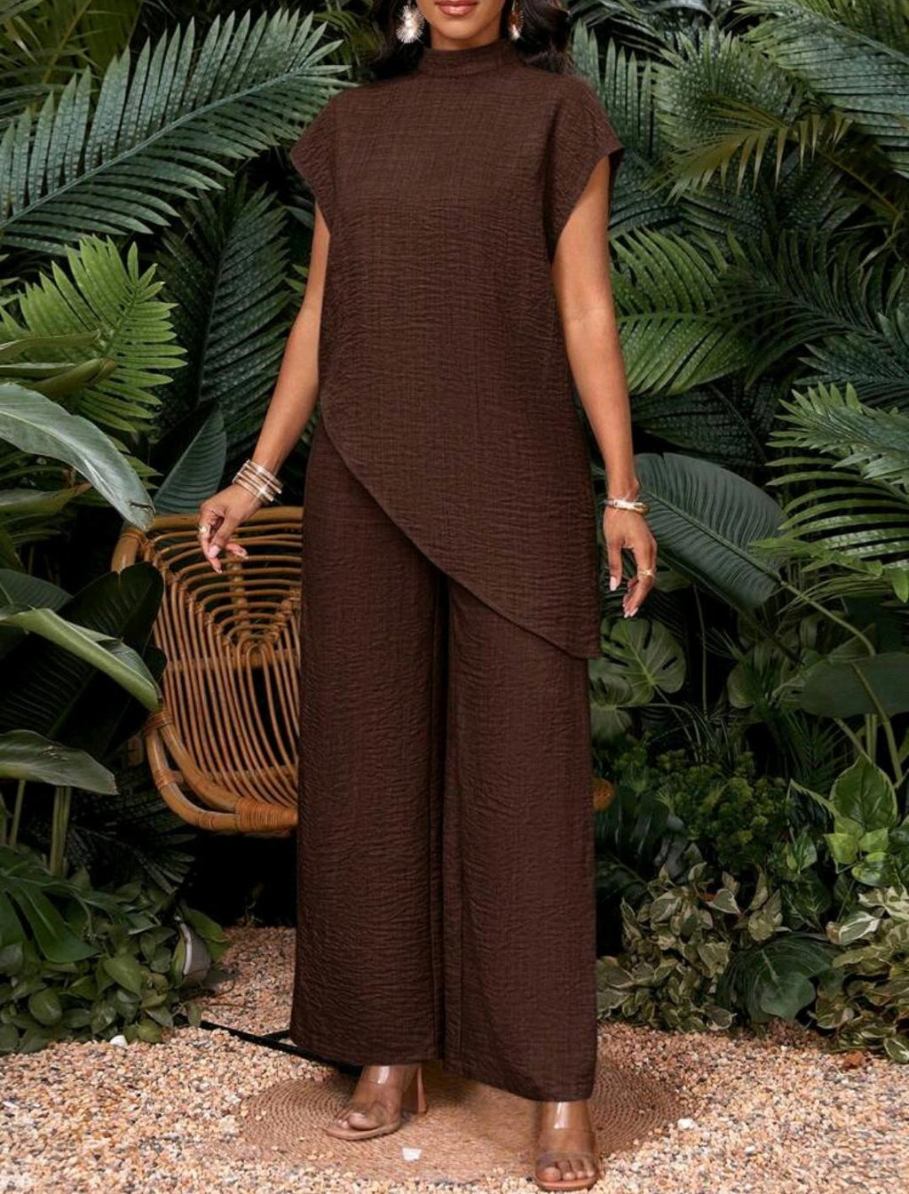 Conjunto de dos piezas de top y pantalones de talla grande, unicolor casual con bajo asimétrico