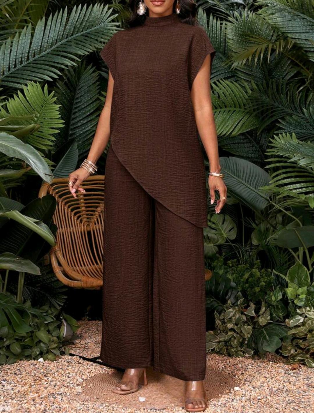 Conjunto de dos piezas de top y pantalones de talla grande, unicolor casual con bajo asimétrico