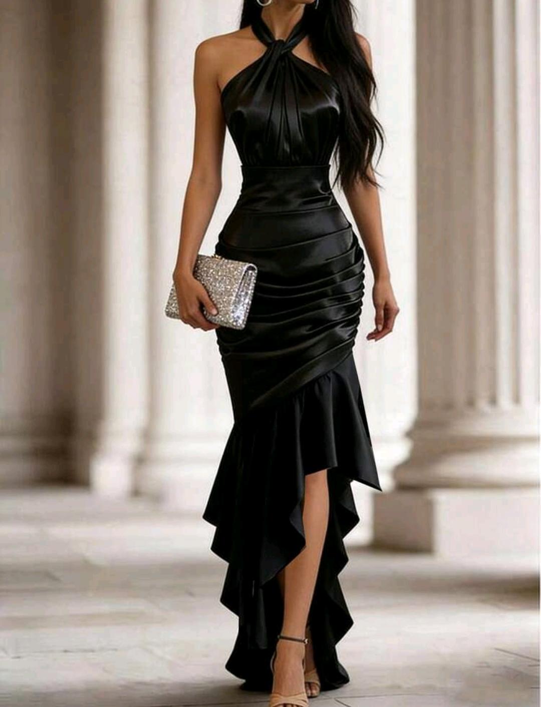 Vestido elegante con cuello halter y volantes | Bajo pedido