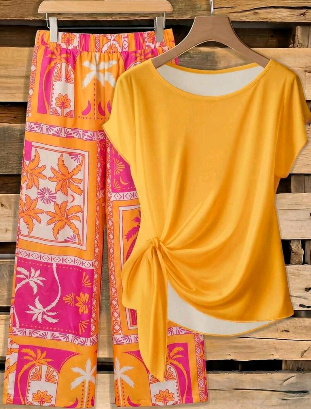 Conjunto informal de 2 piezas para mujer con camisa de cuello redondo de manga corta y unicolor con nudo y pantalones con estampado de palmeras