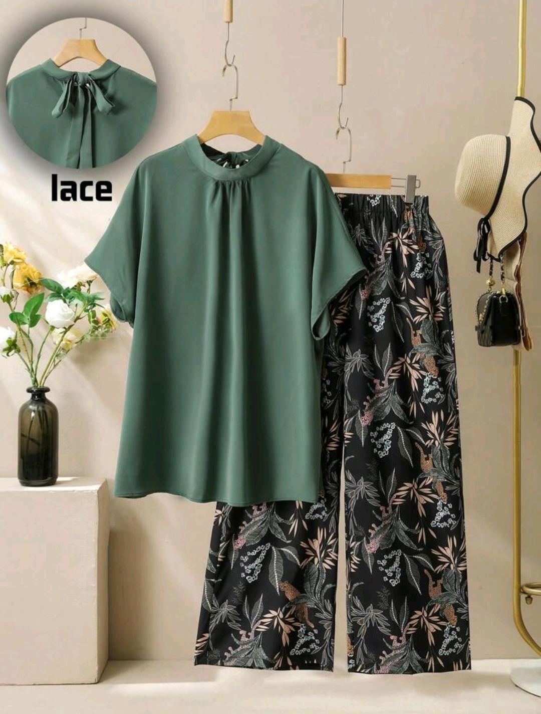Conjunto de 2 piezas con Top de mangas de murciélago de unicolor y pantalones largos impresos para tallas grandes