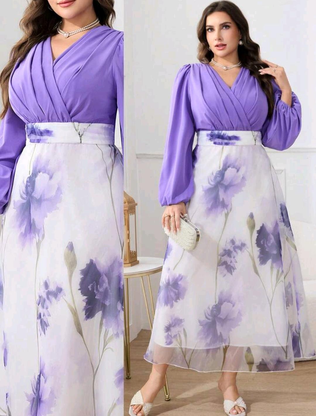 Modelyn Vestido de talla grande para mujer, estilo elegante con estampado floral, mangas de farol y cintura ceñida, estilo resort