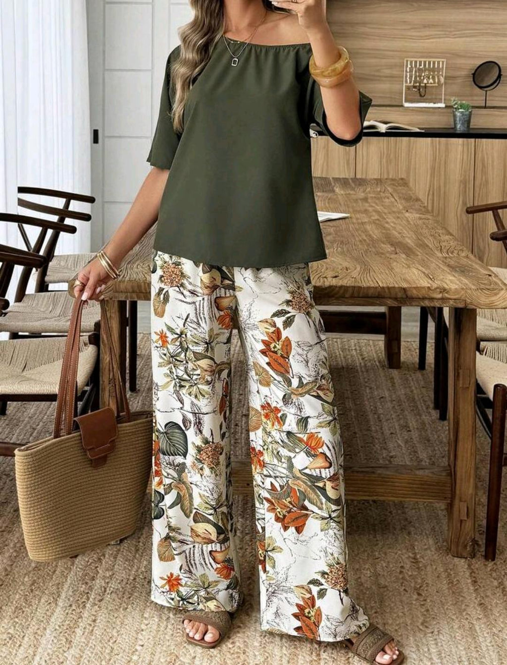 Conjunto casual de 2 piezas para vacaciones con top de hombro asimétrico con estampado de hojas y pantalones de pierna recta, primavera/verano, para mujeres.
