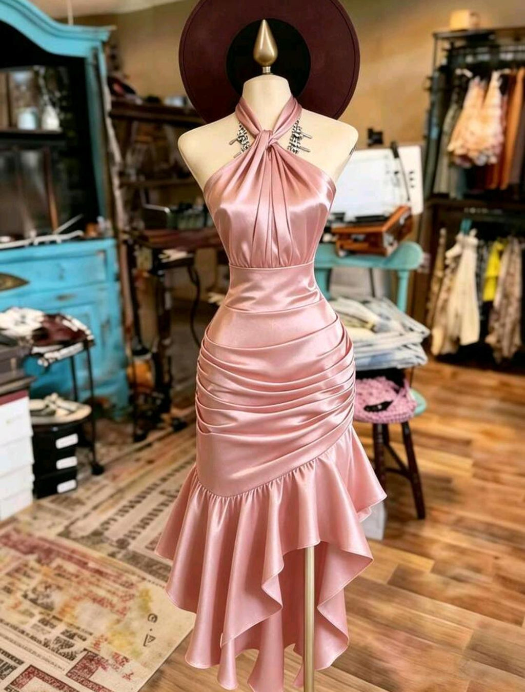 Vestido elegante con cuello halter y volantes | Bajo pedido
