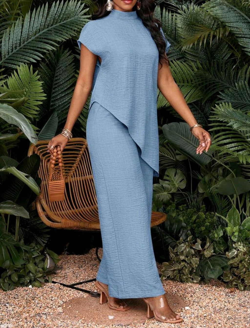 Conjunto de 2 piezas de top y pantalones de unicolor con bajo asimétrico para vacaciones de mujer