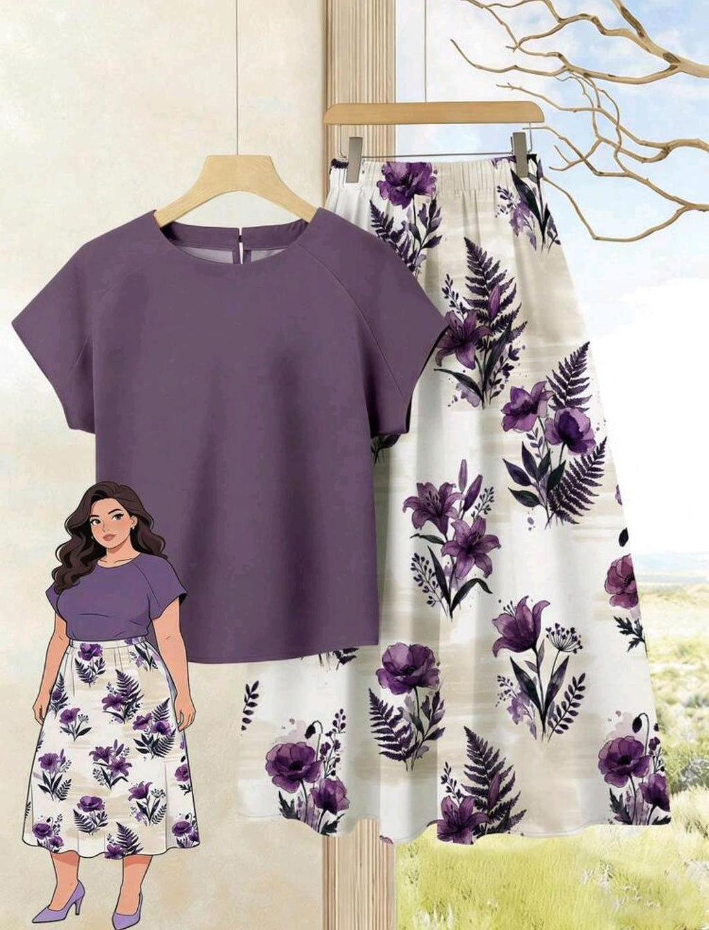 2 piezas Conjunto casual de verano para mujer con parte superior de unicolor + falda estampada.
