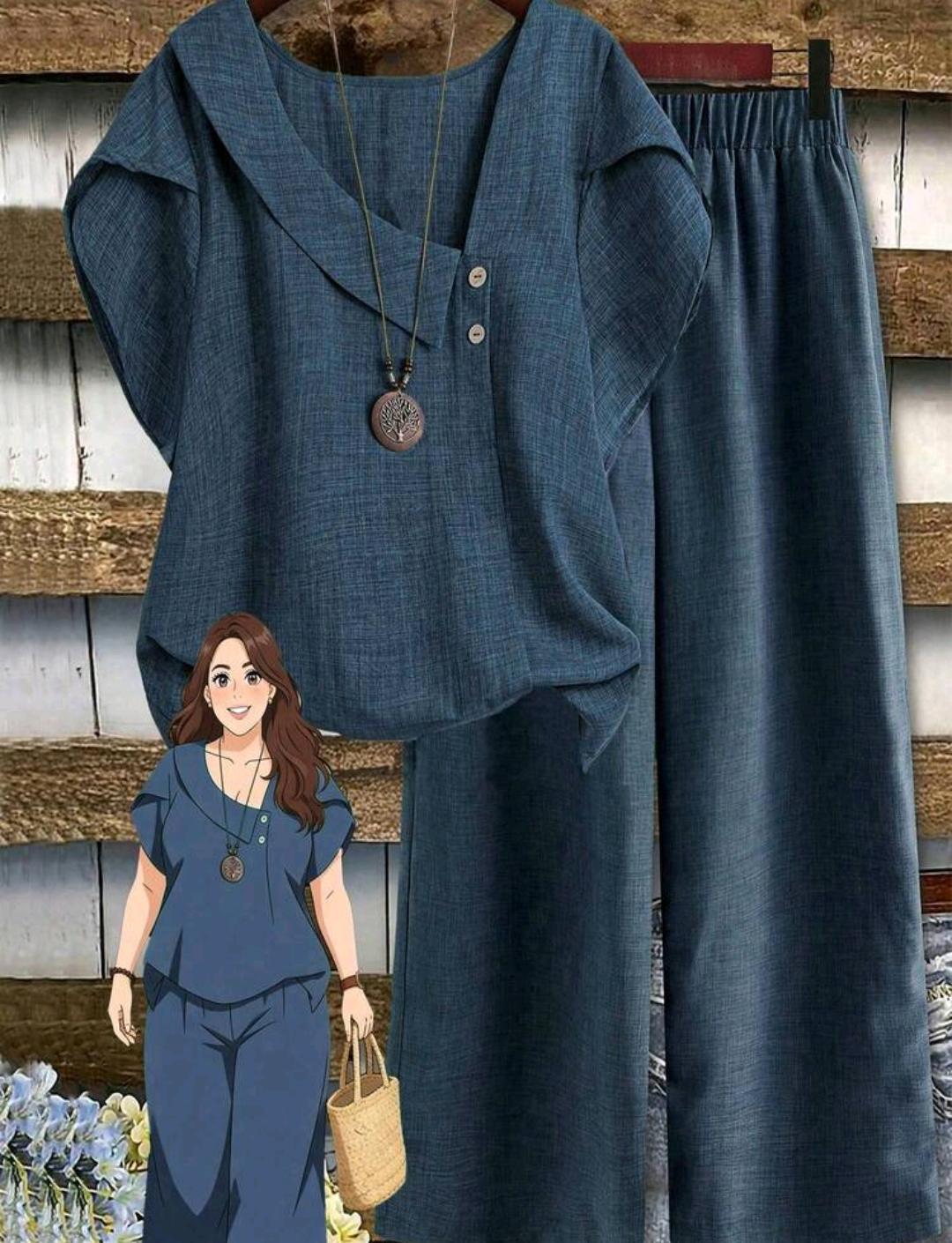 Conjunto de blusa lisa y pantalón ancho estampado | Bajo pedido