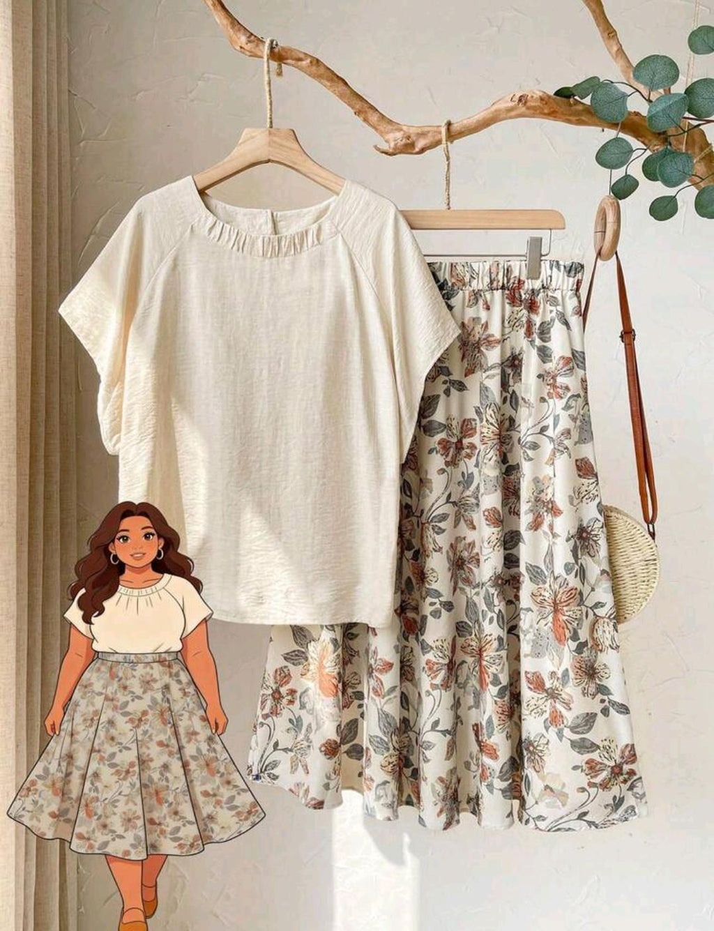 Conjunto de 2 piezas para mujer talla grande, beige, verano, para fiesta, invitada de boda y vacaciones, top casual liso holgado y falda con estampado floral, conjunto de ropa de vacaciones.