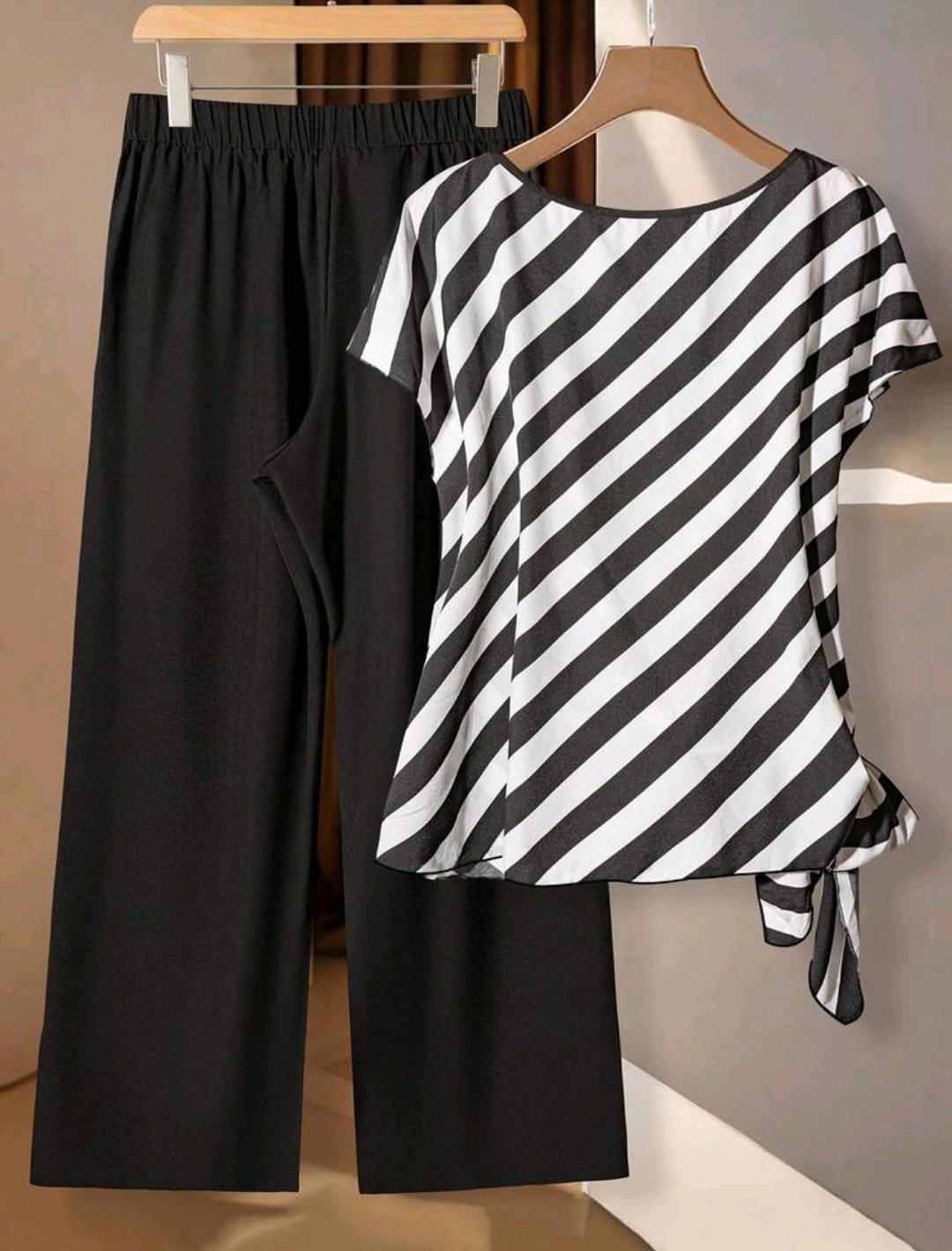 Conjunto casual de 2 piezas para mujer talla grande, top de manga corta con cuello en V, rayas y nudo delantero, y pantalones de pierna ancha.