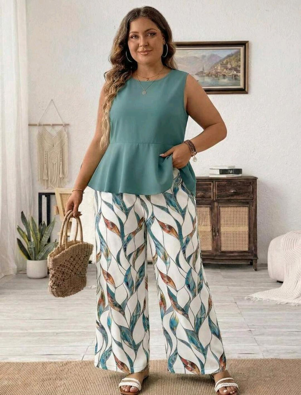 SHEIN LUNE 2 piezas/Set top de cuello redondo+pantalones rectos sueltos para mujer talla grande, estampado geométrico abstracto casual.