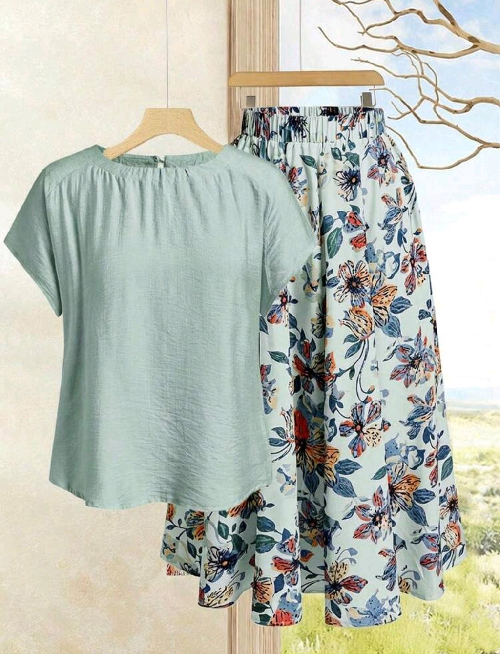 Rusticease Conjunto de 2 piezas de blusa de unicolor casual y falda acampanada con estampado floral para mujer, de verano.