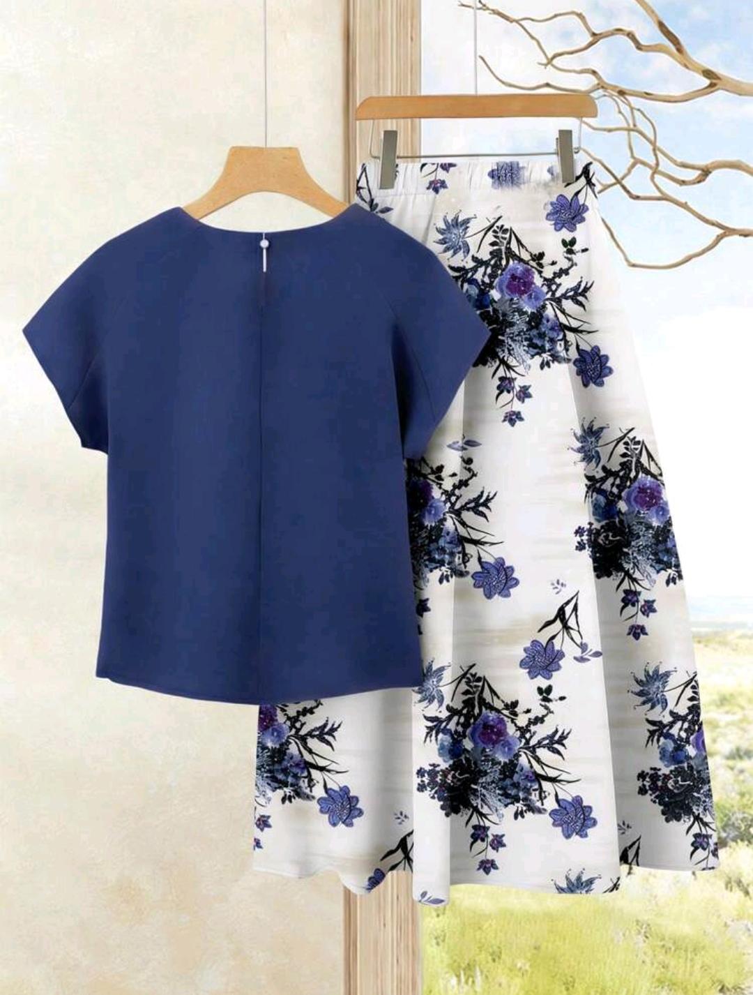 2 piezas Conjunto de blusa casual de unicolor + falda estampada  conjunto de ropa de verano para mujer.