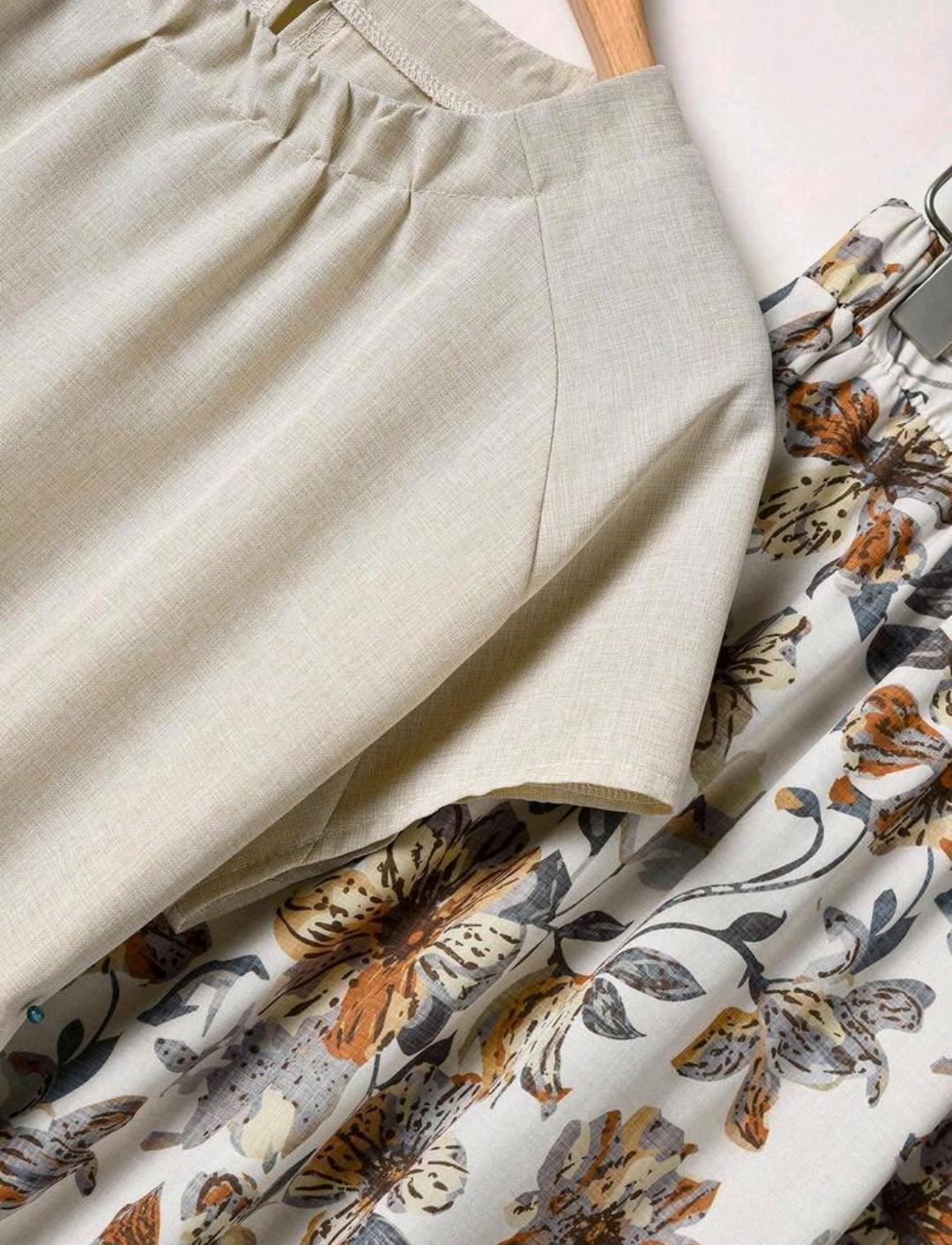 Conjunto de 2 piezas para mujer, top de color liso y falda con estampado floral, estilo casual vintage elegante, para vacaciones de verano.